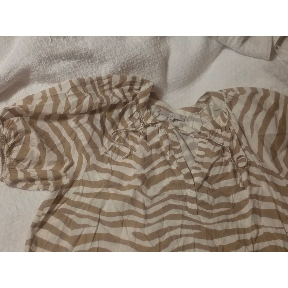 LOFT Tan White Zebra Print Puff Sleeve Tie Neck Blouse XXL